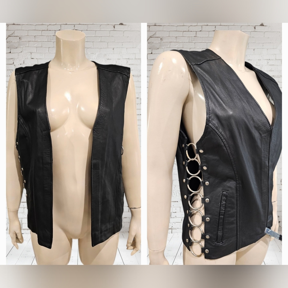 JR Mexico Men Genuine Black Leather Side Circle Rings Biker Rocker Bar Vest CH/S